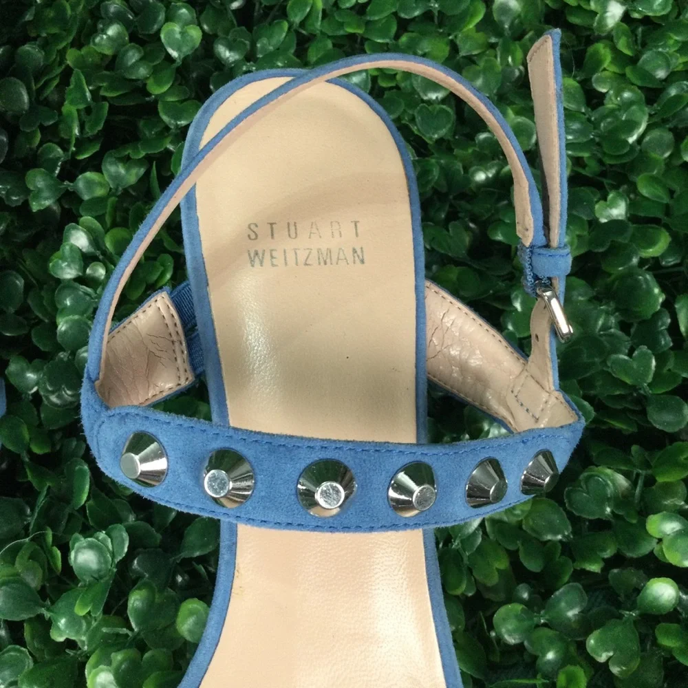 Stuart‎ Weitzman Blue Suede Studded Wedge Sandals womens 8.5